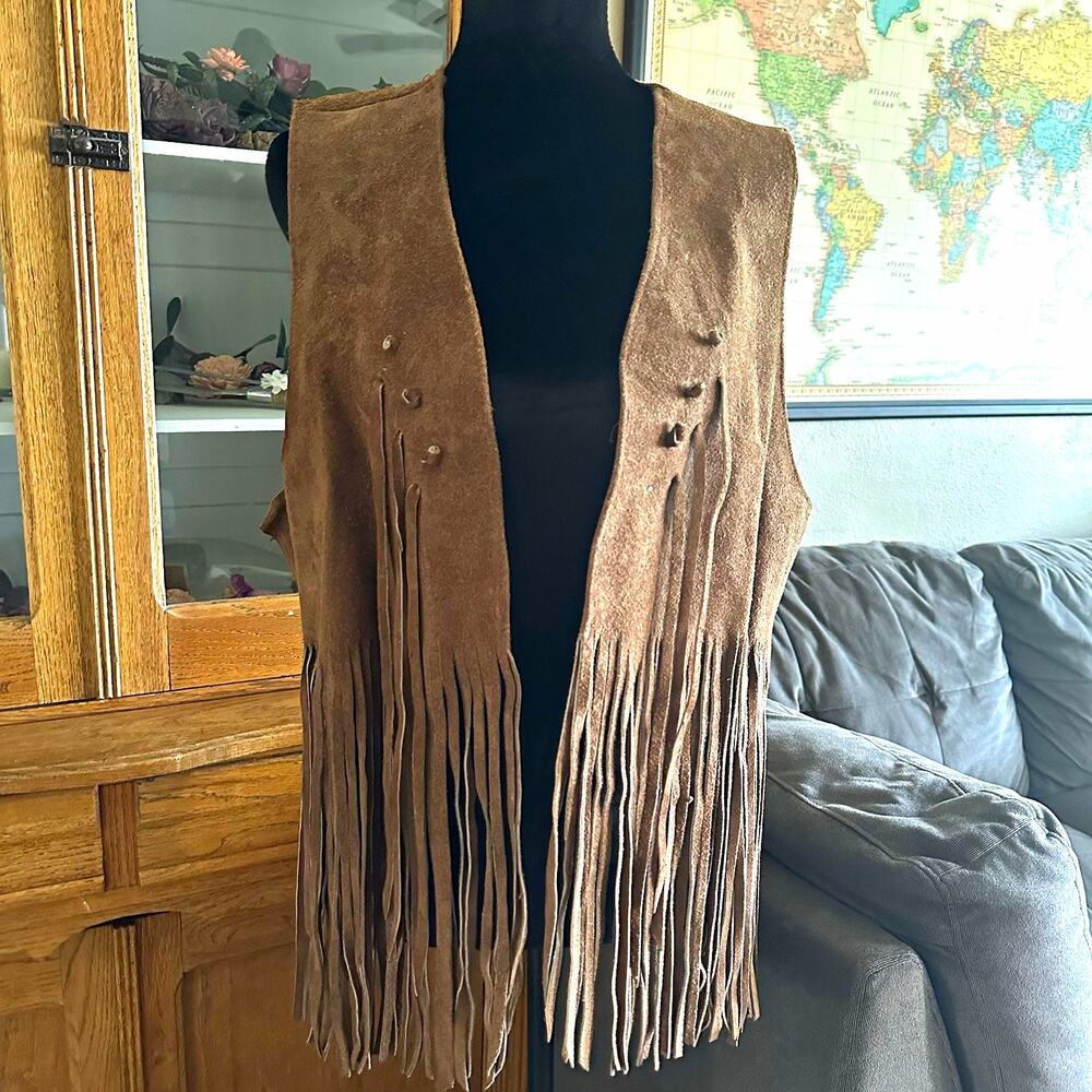 Vintage Brown Suede Leather Long Fringe Vest Western Boho Hippie Open Front